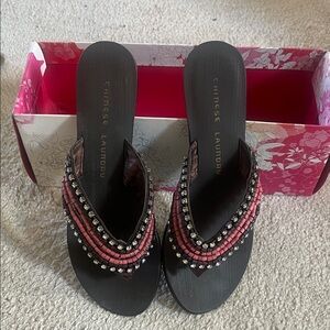 Chinese Laundry Black and Pink Beaded Sandals